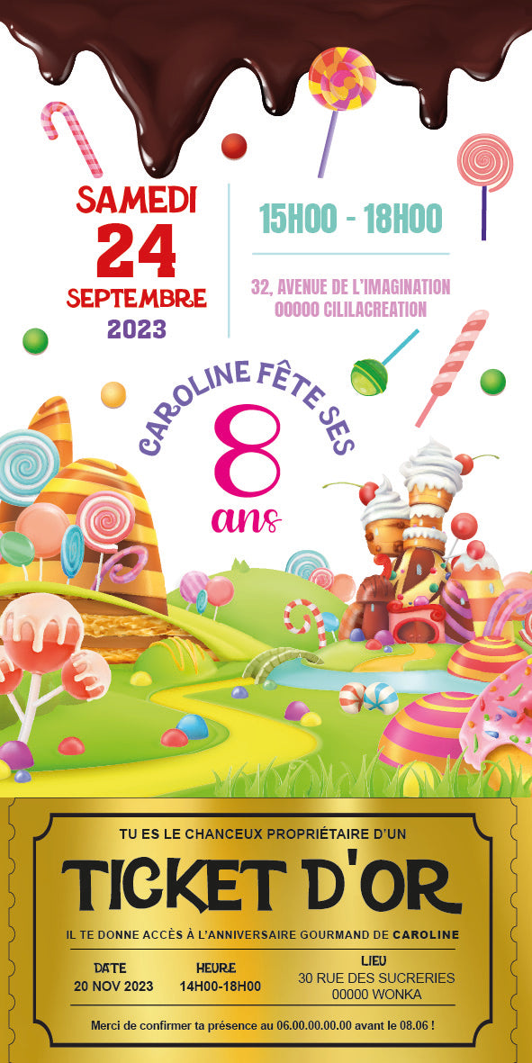 Invitation d’anniversaire inspiration Charlie et la Chocolaterie / Willy Wonka : en-tête coulis de chocolat, paysage de bonbons et sucettes, informations de fête (date, heure, lieu) et Ticket d’Or numérique coordonné.