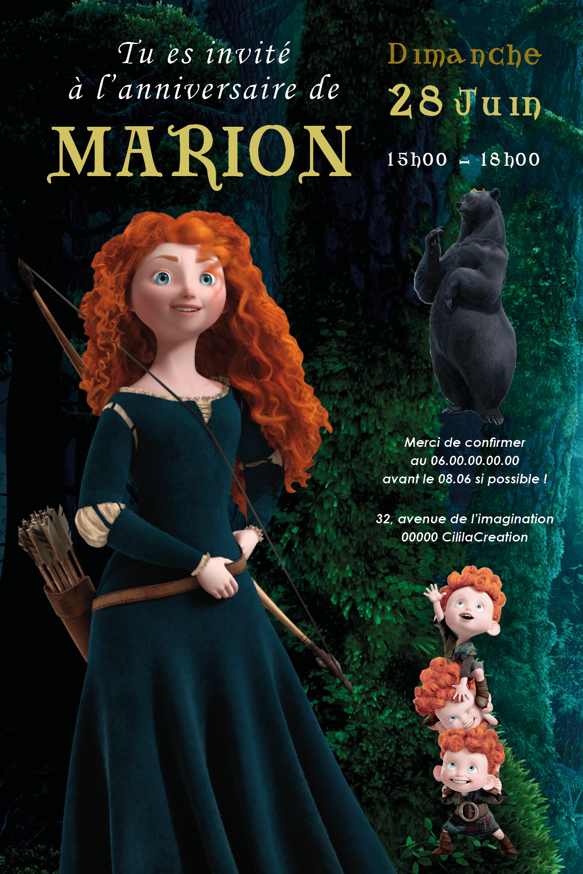 Invitation d’anniversaire inspiration Rebelle : jeune archère rousse en robe verte dans une forêt sombre, ours debout et trois oursons malicieux ; blocs “Dimanche 28 juin – 15 h-18 h”, prénom, adresse et RSVP.