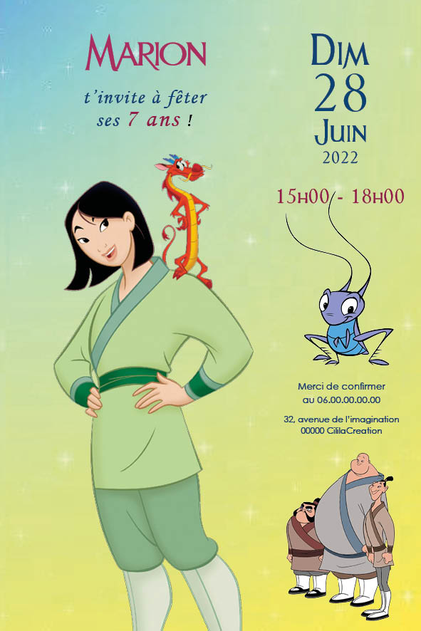 Invitation “Guerrière du Lotus” inspirée de Mulan : la jeune guerrière posée de face, un petit dragon rouge malicieux derrière son épaule et un criquet bleu à droite ; fond dégradé rose-vert, grandes mentions “Dim 28 Sept – 15 h-18 h”, zone RSVP et adresse ; tous les champs sont personnalisables.