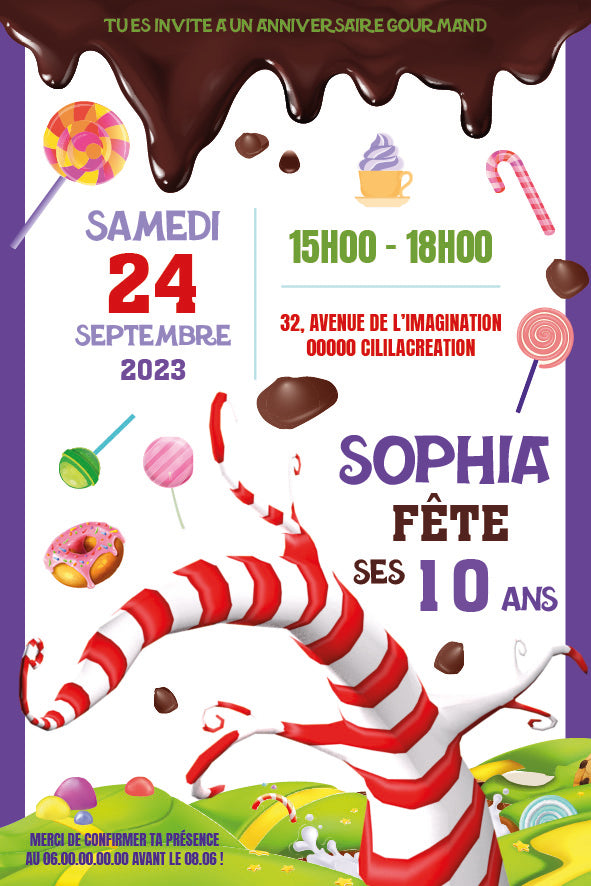 Invitation numérique inspirée de Charlie et la Chocolaterie / Willy Wonka : en-tête coulis de chocolat, grands arbres sucrés rayés rouge/blanc, sucettes et donuts, avec blocs date/heure/adresse et prénom.