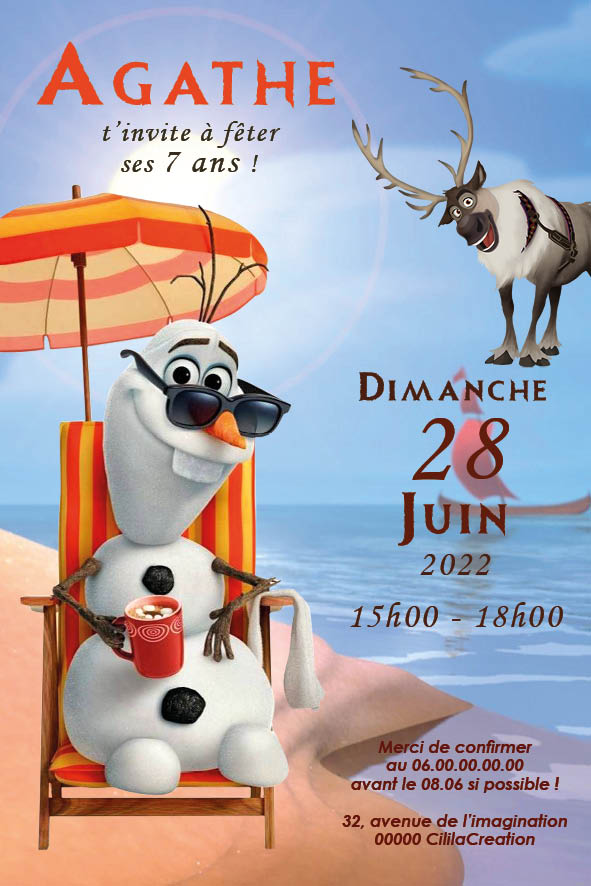 Invitation d’anniversaire inspiration Reine des Neiges : bonhomme de neige en maillot sur une plage, parasol, lunettes de soleil ; renne au second plan ; grands blocs “Dimanche 28 juin 2022 – 15 h–18 h”, prénom et adresse.