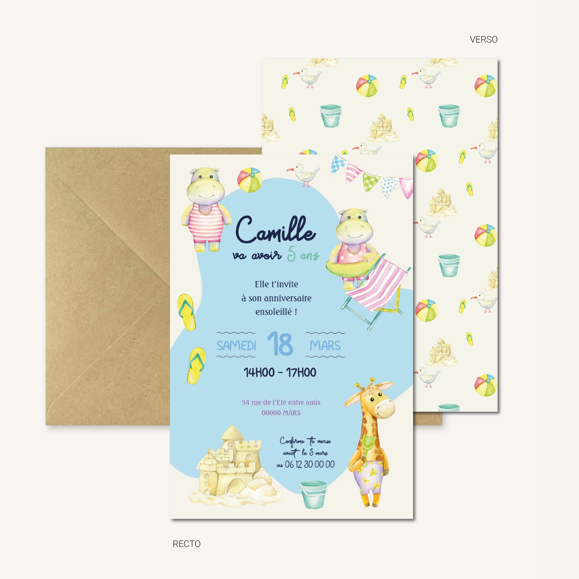 image de l'invitation recto-verso d’anniversaire personnalisée sur le thème de la plage avec son enveloppe kraft.