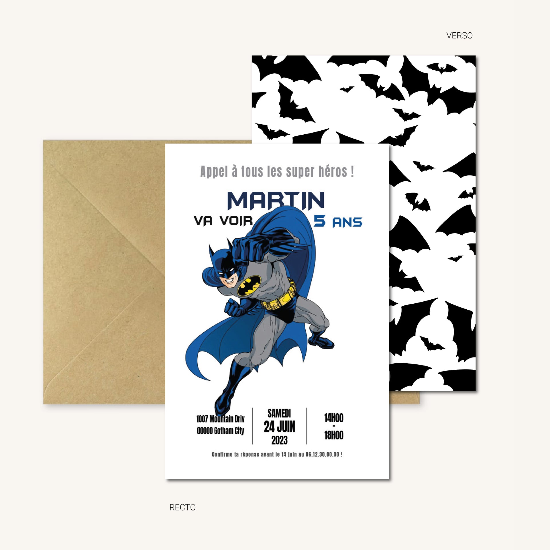 image de l'invitation anniversaire inspirée de Batman avec super-héros masqué, couleurs vives jaune et bleu, style comics amusant pour enfant.