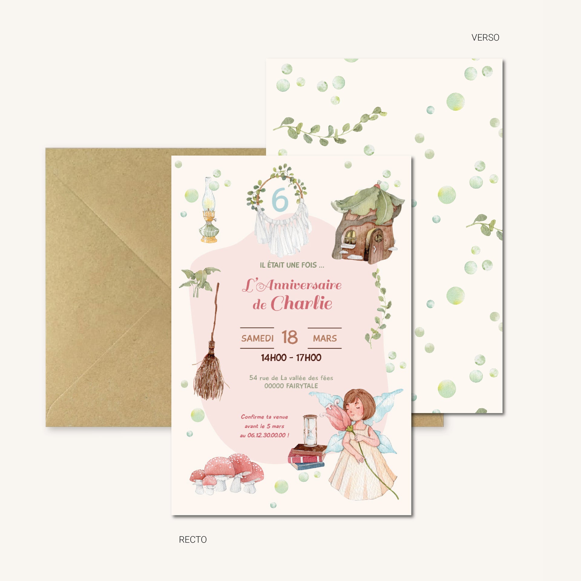 image de l'invitation anniversaire Contes de fée – carte recto-verso personnalisée avec fée, maison magique et détails féeriques, livrée avec enveloppe kraft.