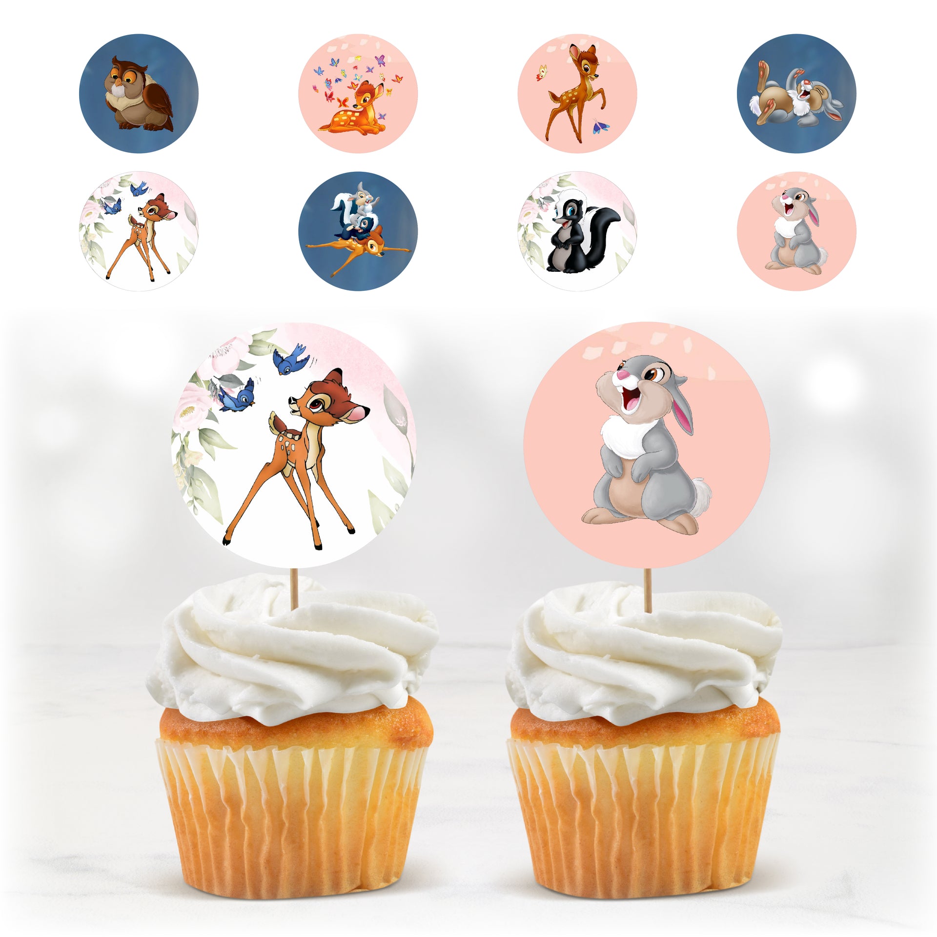 Cupcake toppers Bambi et Panpan à imprimer, décorations rondes pour anniversaire enfant sur le thème de la forêt, à planter sur cupcakes ou gâteau.