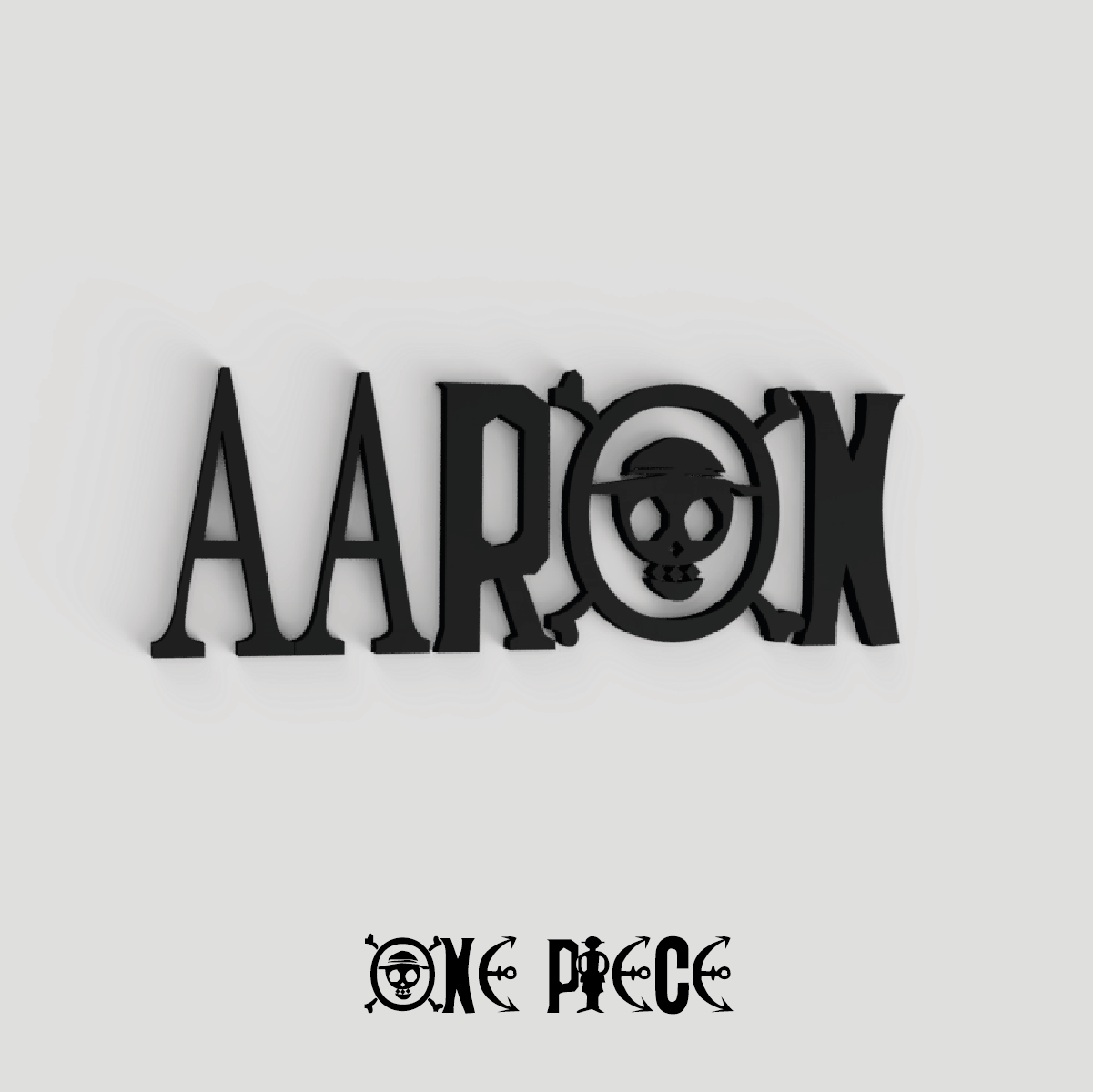 Visuel d’un prénom “AARON” en impression 3D (PLA) noire, inspiré de l’univers One Piece, avec la lettre O intégrant un motif tête de mort, présenté sur fond clair.
