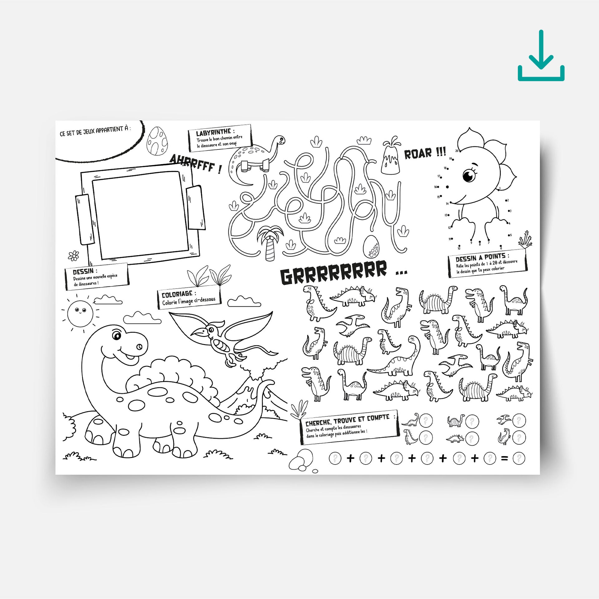 Set de table à imprimer thème Dinosaure – jeux pour enfants, activités jurassiques amusantes à colorier pour anniversaire ou repas préhistorique.