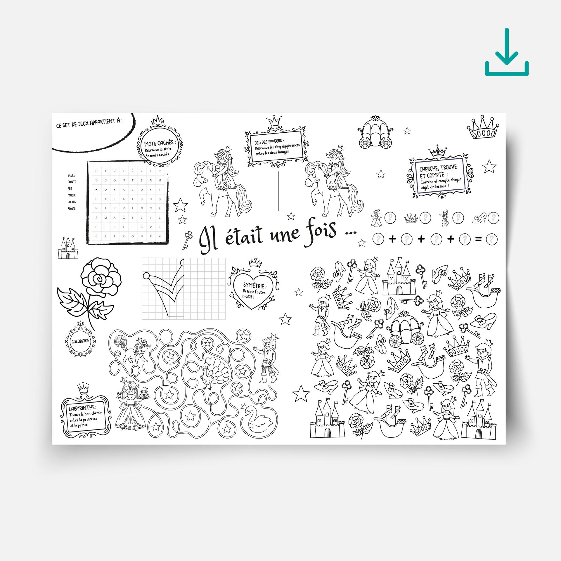 Set de table à imprimer thème Princesse – jeux pour enfants, coloriages et activités ludiques pendant un goûter ou une fête féerique.