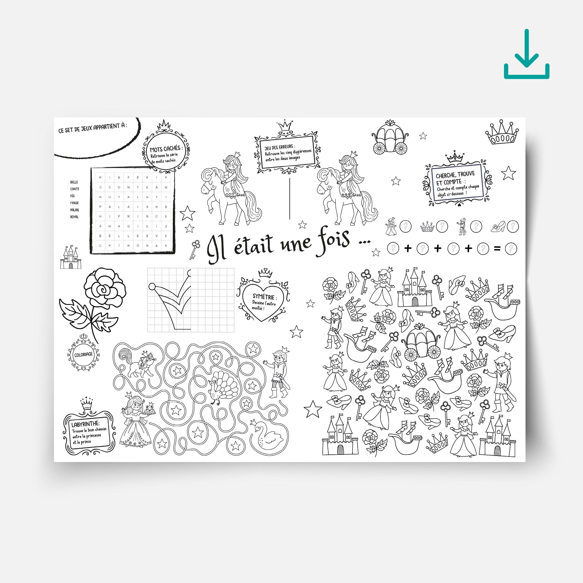 Set de table à imprimer thème Princesse – jeux pour enfants, coloriages et activités ludiques pendant un goûter ou une fête féerique.