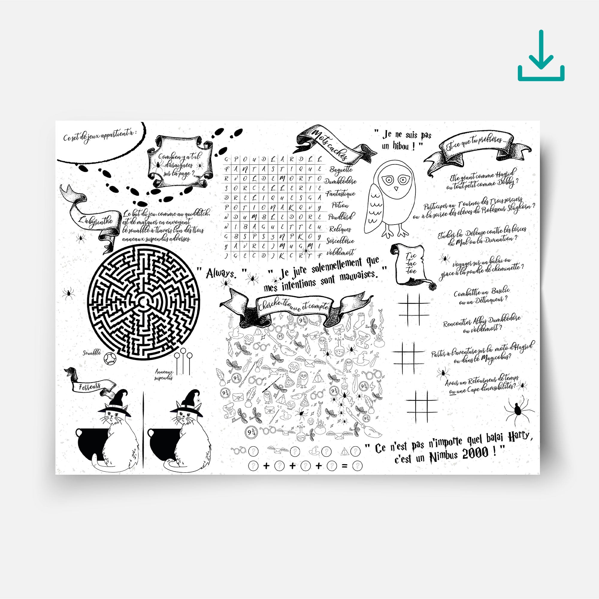 Set de table d’activités pour enfants sur le thème de l’école des sorciers, avec jeux magiques en noir et blanc : labyrinthe, mots cachés, énigmes, tic-tac-toe, illustrations de hiboux, potions et univers de sorcellerie, idéal pour anniversaire ou fête.