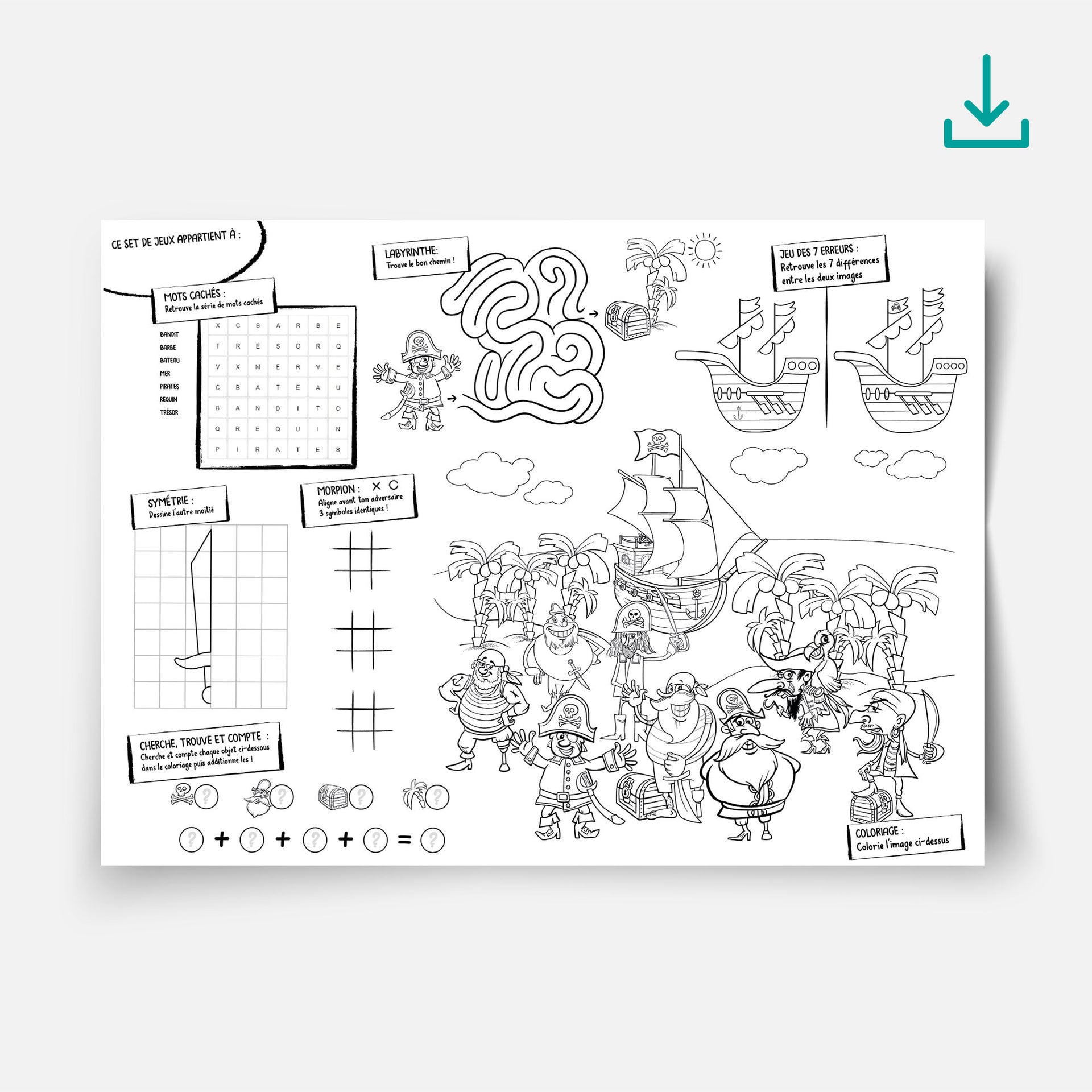 Set de table d’activités pour enfants sur le thème des pirates et de la chasse au trésor : jeux en noir et blanc à imprimer avec mots codés, labyrinthe, différences, symétrie, coloriage, tic-tac-toe et énigmes pour animer les fêtes d’enfants.