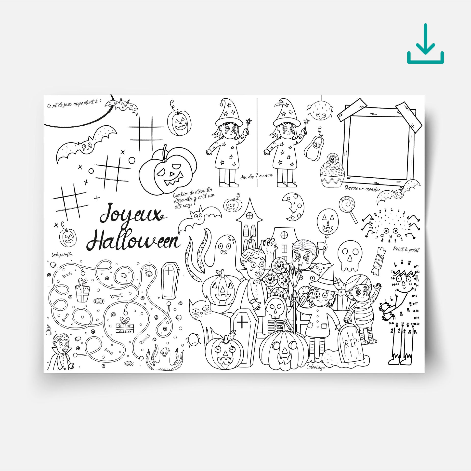 Set de table Halloween pour enfants à imprimer – Activités et jeux autour de l’univers d’Halloween – Coloriage, labyrinthes, points à relier et plus encore – PDF A3 à télécharger.