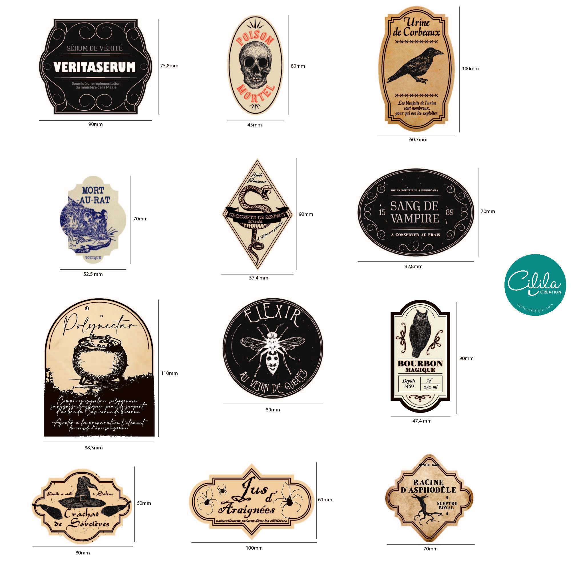 Planche de 12 étiquettes de potions magiques à imprimer, design inspiré de l’univers des sorciers, idéal pour décorer bocaux et fioles pour Halloween ou anniversaire magique