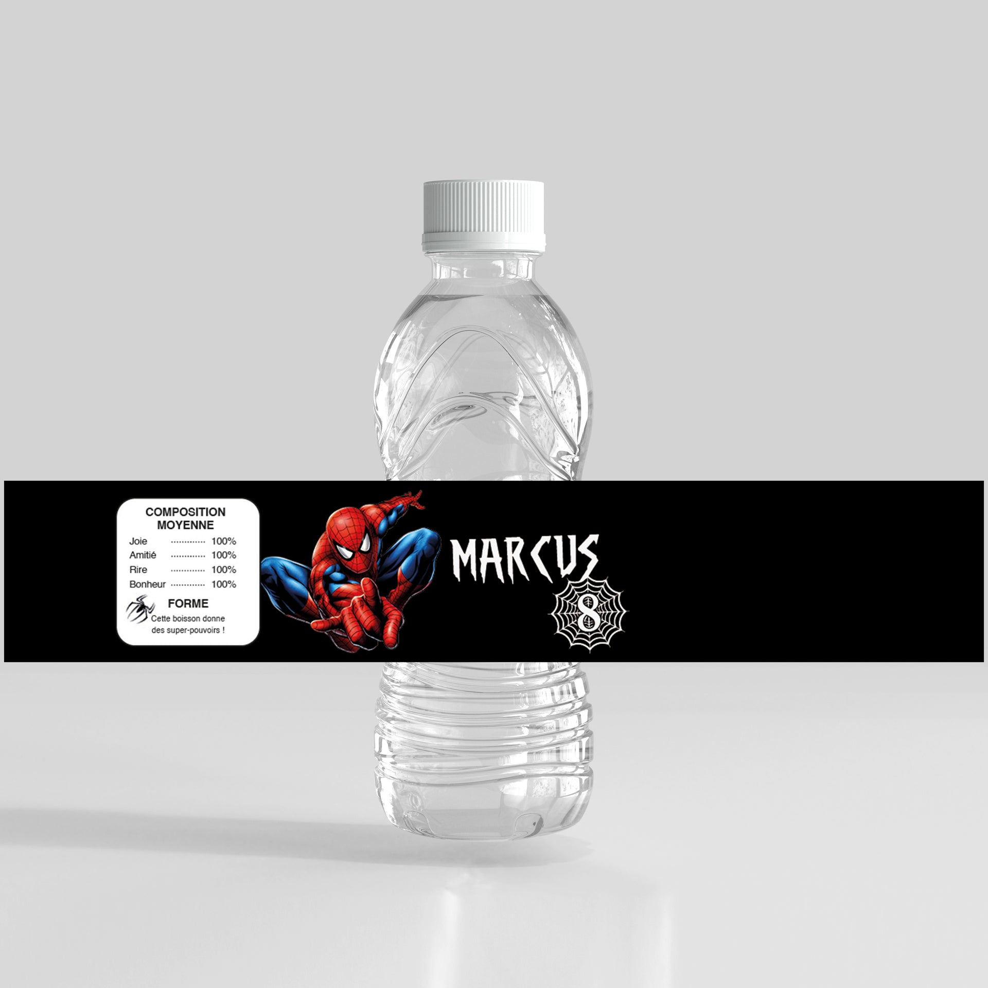Étiquette personnalisée à imprimer sur bouteille avec thème Spiderman, prénom Marcus, design noir.