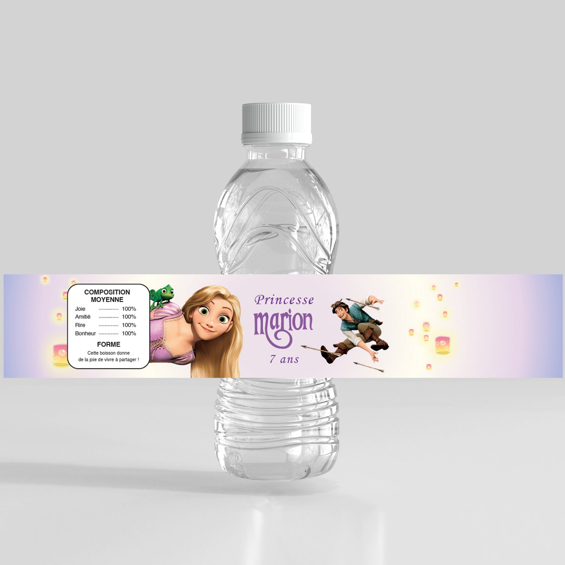 Étiquette personnalisée à imprimer pour bouteille, thème Raiponce avec prénom Marion, lanternes volantes, personnages de Disney, décoration d’anniversaire princesse