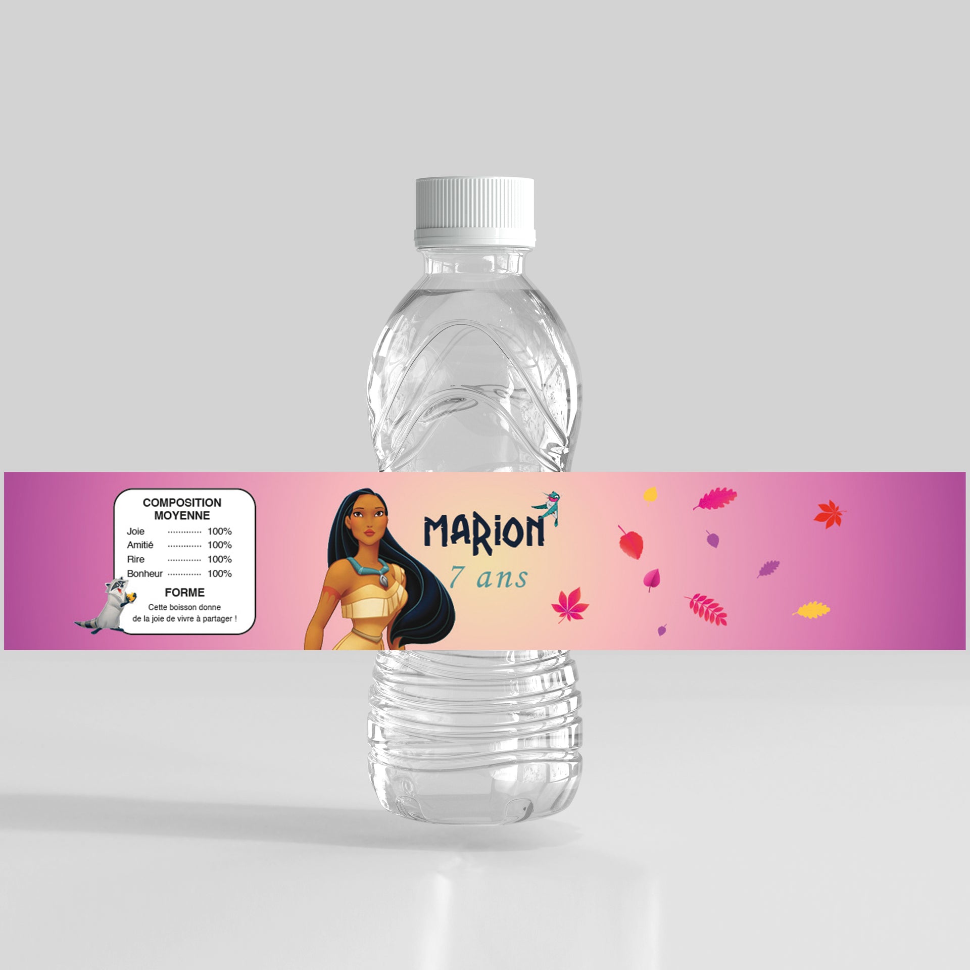 Étiquette anniversaire Pocahontas personnalisée avec prénom et âge – thème Esprit de la Nature – fond automnal avec feuilles colorées.