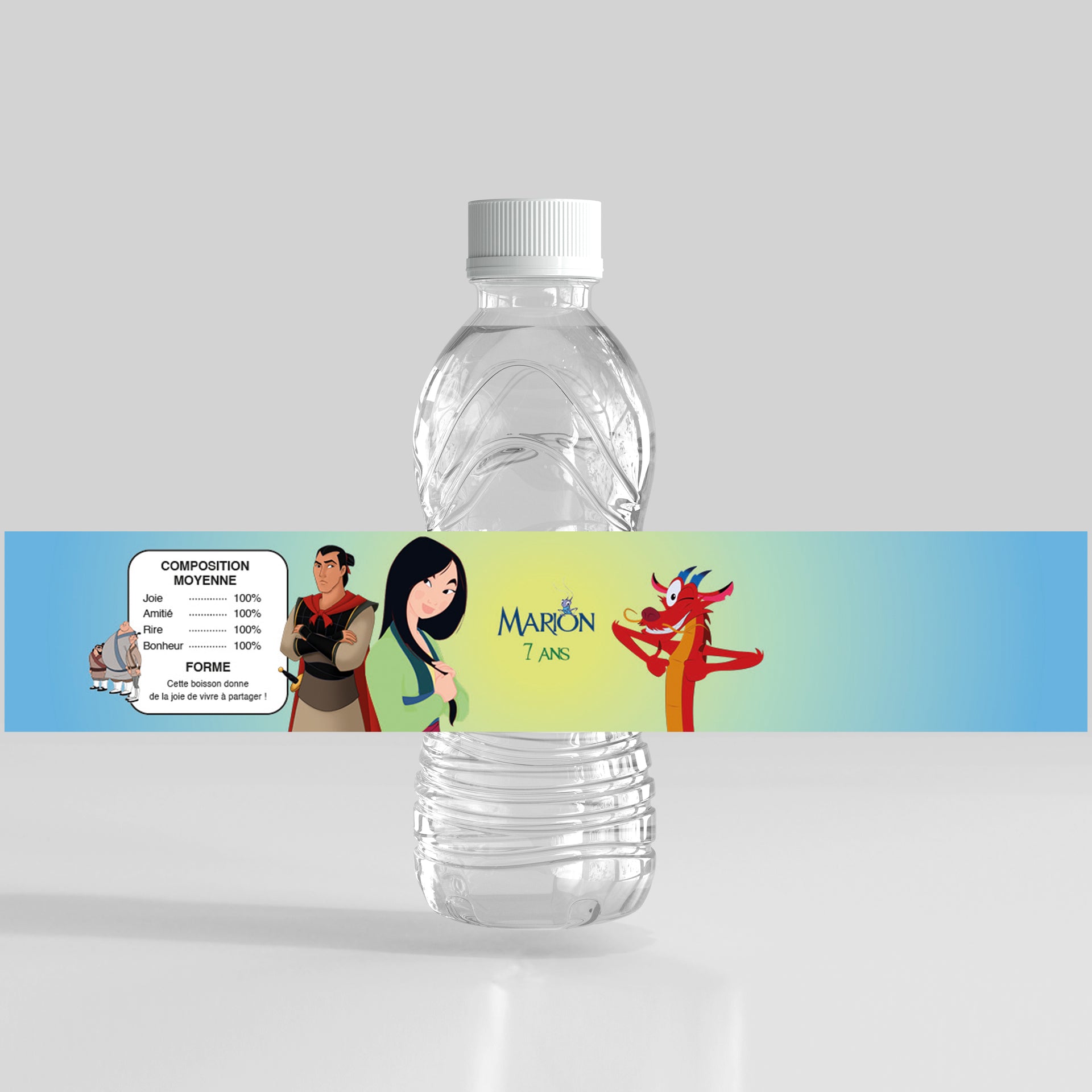 Étiquette anniversaire Mulan personnalisée avec prénom et âge – thème Guerrière du Lotus – ambiance douce et héroïque.