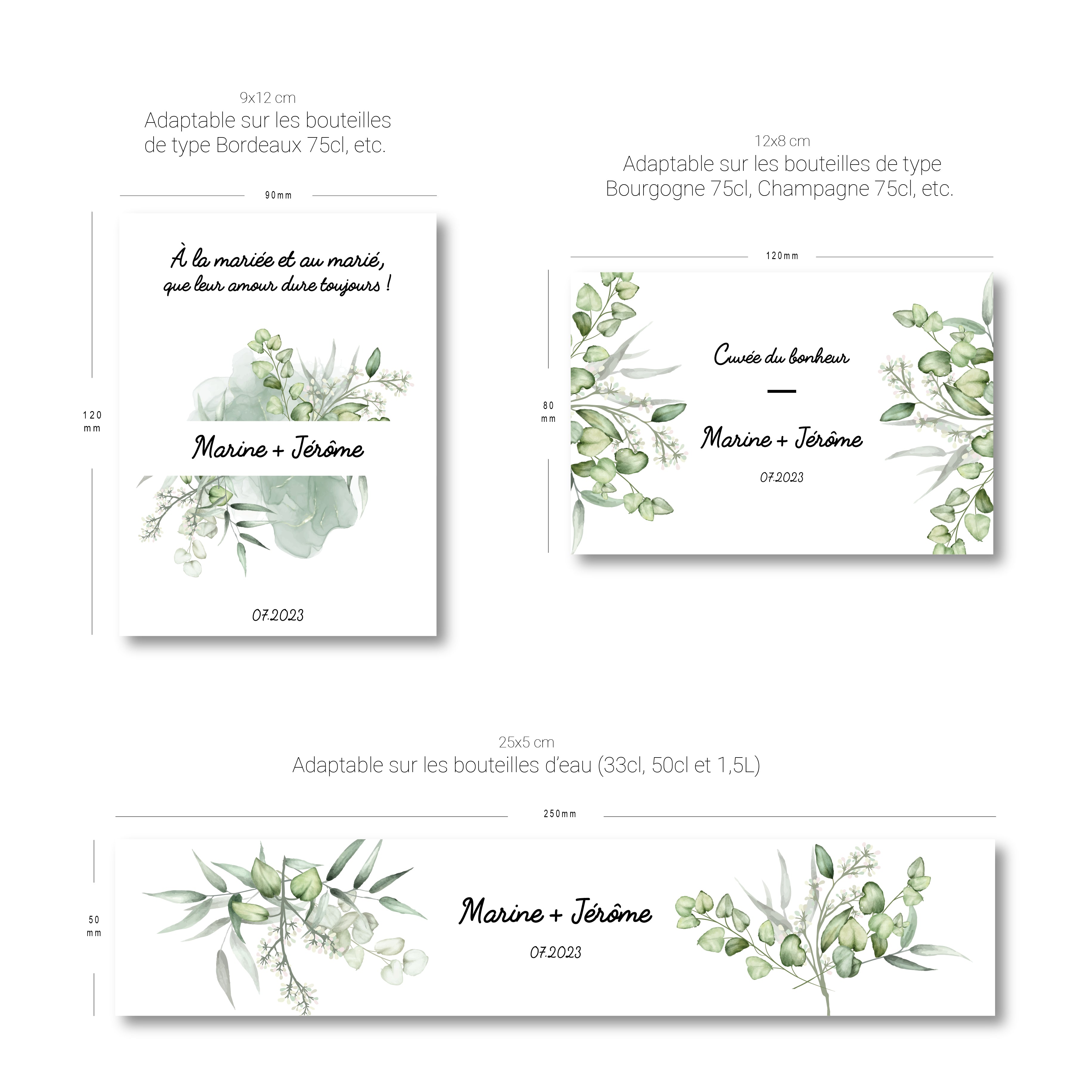 Visuel gabarit des etiquettes bouteilles mariage personnalisables avec feuillage aquarelle, eucalyptus et gypsophile, prenoms Marine et Jerome, formats pour vin, champagne et eau.