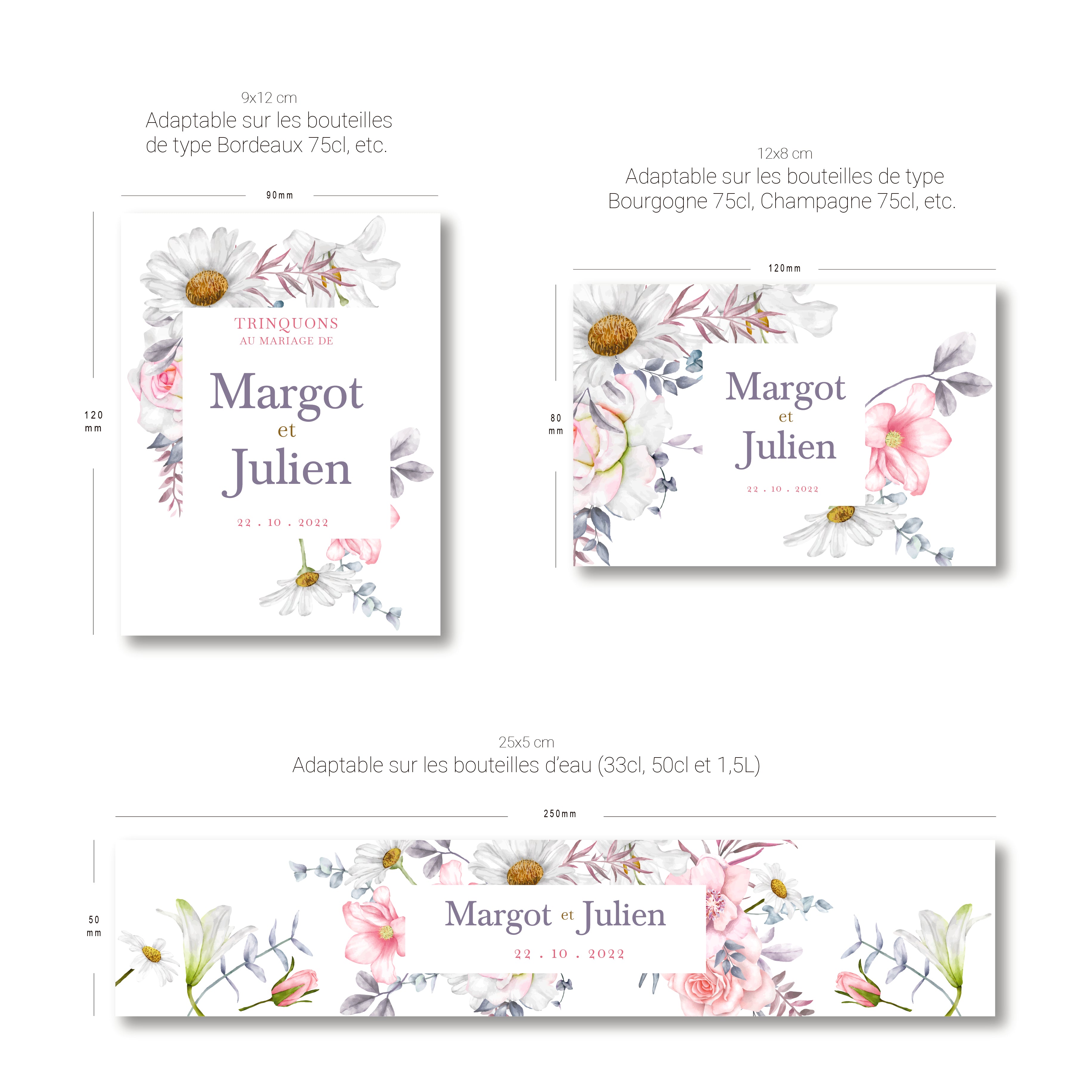 Gabarit des etiquettes bouteilles mariage personnalisees avec fleurs aquarelle, marguerites, eucalyptus et coquelicots roses, prenoms Margot et Julien, formats pour vin champagne et eau.
