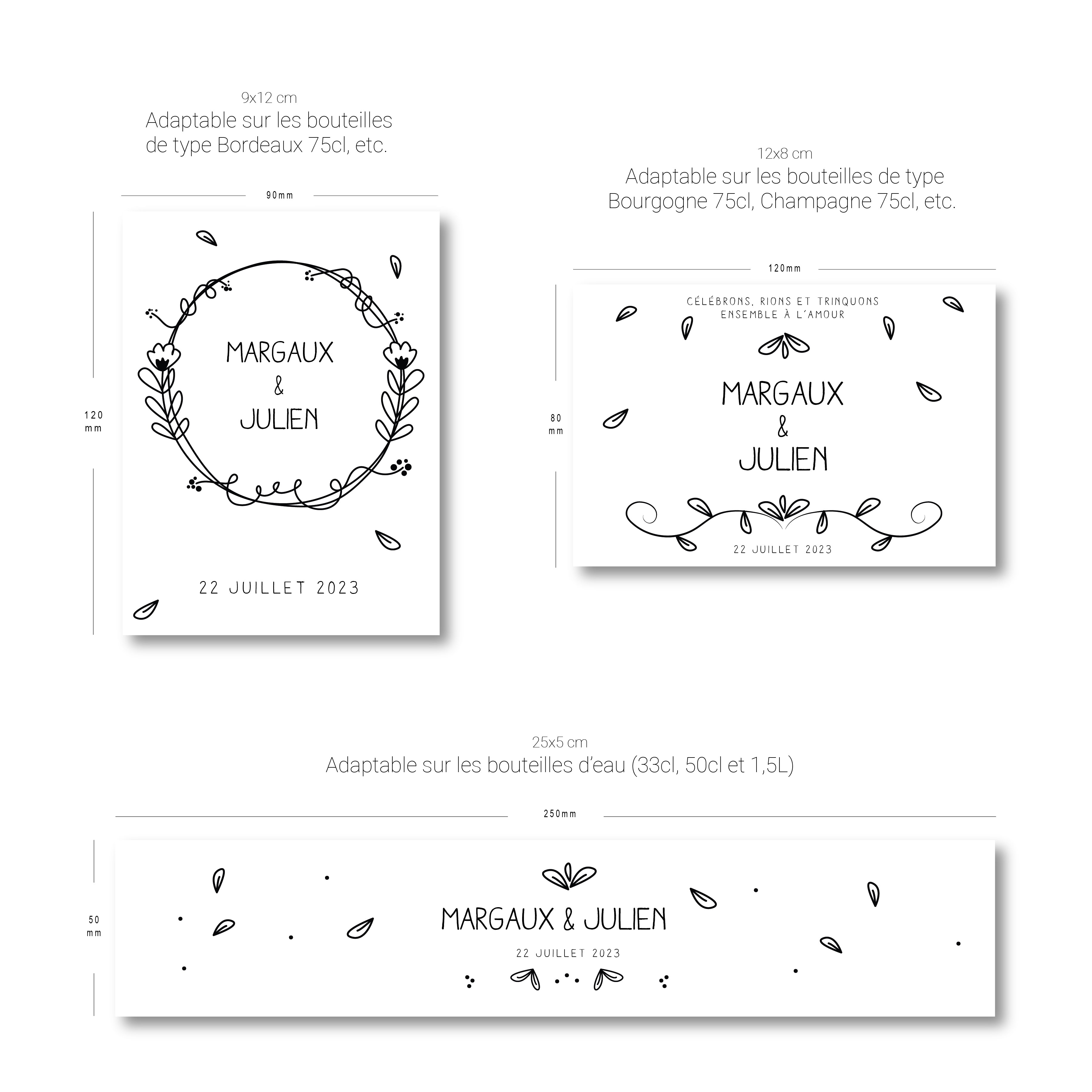 Gabarit technique des etiquettes bouteilles mariage personnalisables en noir et blanc, avec ornements floraux et prenoms Margaux et Julien, formats pour vin, champagne et eau.