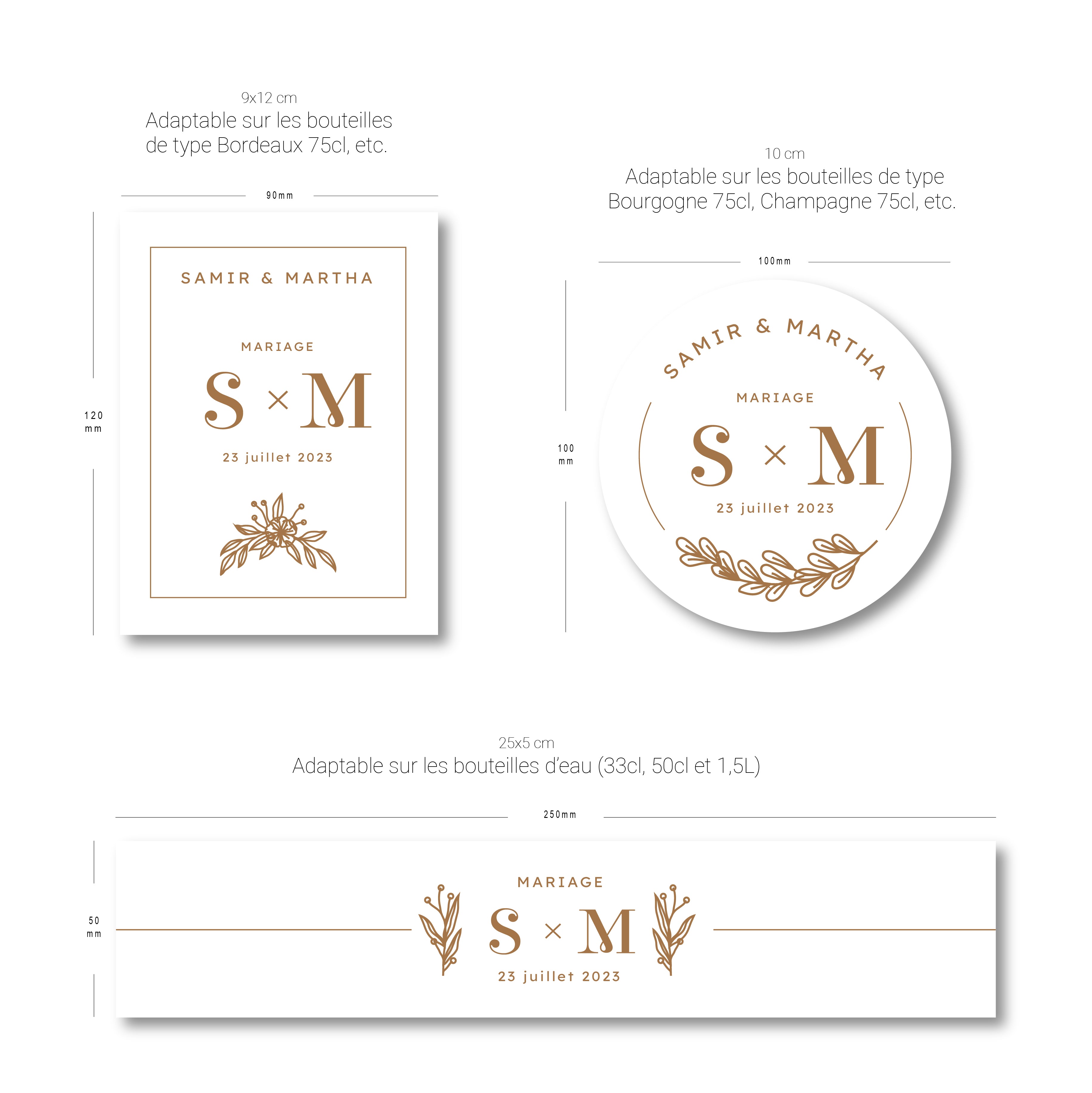 Visuel gabarit des etiquettes bouteilles personnalisables pour mariage, avec dimensions pour bouteilles de vin, champagne et eau, design floral initiales S et M.