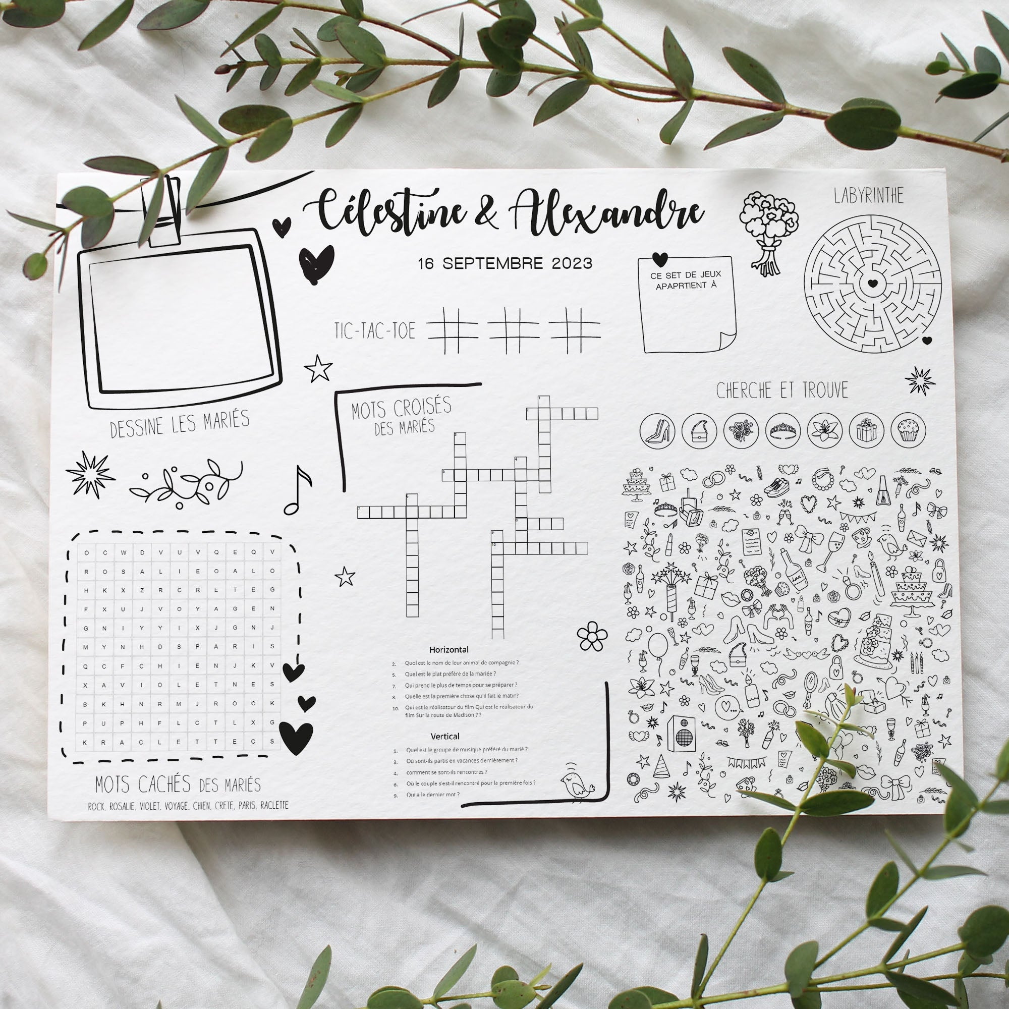 Set de table personnalisable pour mariage – activités adultes avec mots croisés personnalisés, mots cachés, coloriage, labyrinthe et jeux de réflexion à imprimer.