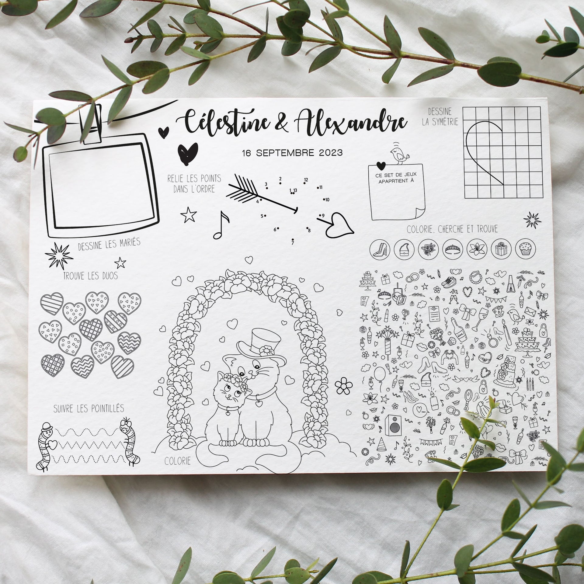 Set de table personnalisable pour mariage – activités enfants avec dessins de chats, jeux de points, coloriage, labyrinthe et jeux de réflexion à imprimer.