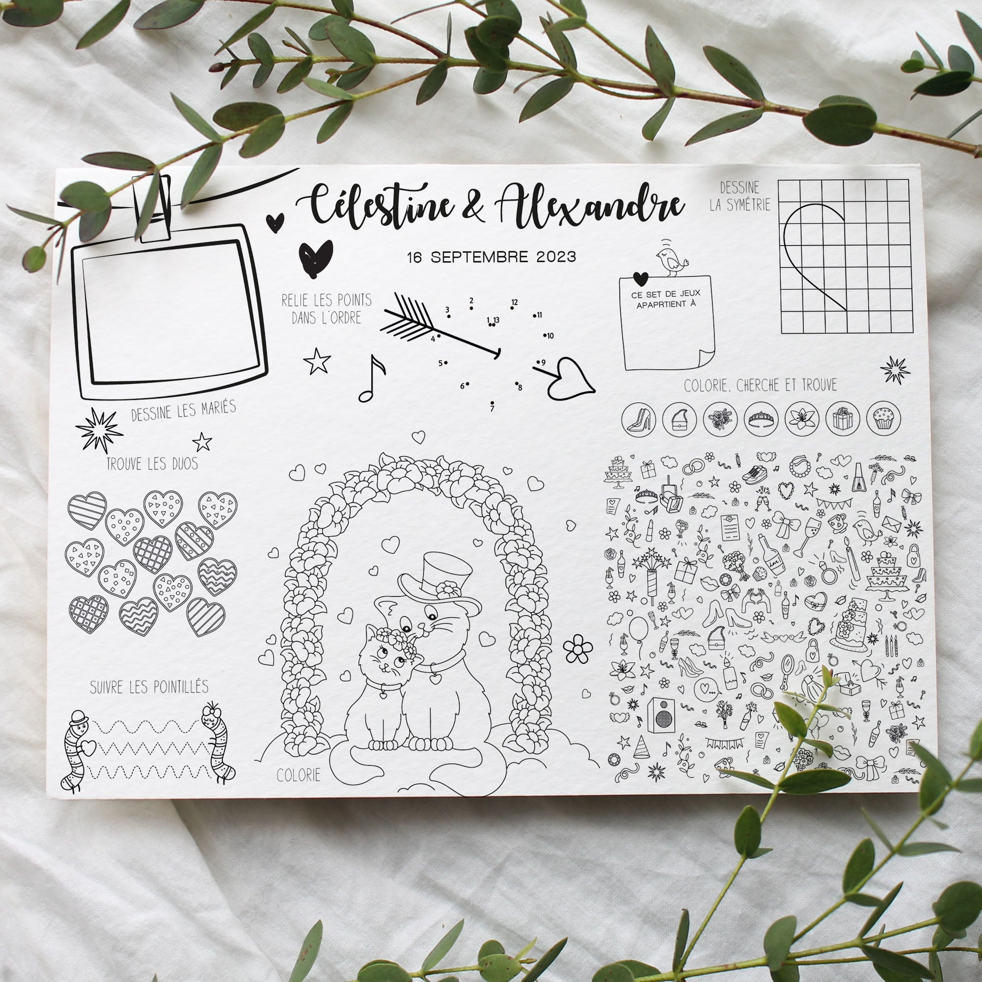 Set de table personnalisable pour mariage – activités enfants avec dessins de chats, jeux de points, coloriage, labyrinthe et jeux de réflexion à imprimer.